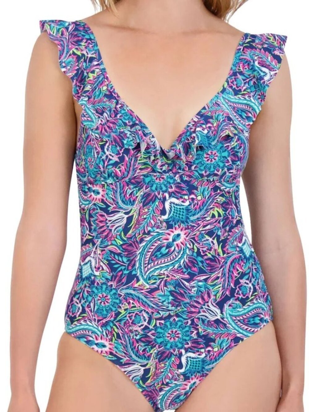 NWT Caribbean Joe Ruffled One Piece Paisley Daze Midnight Swimsuit Size 12